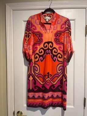 Donna Morgan Geometric Dress Orange Multicolor Sz 10 V Neck Stretch